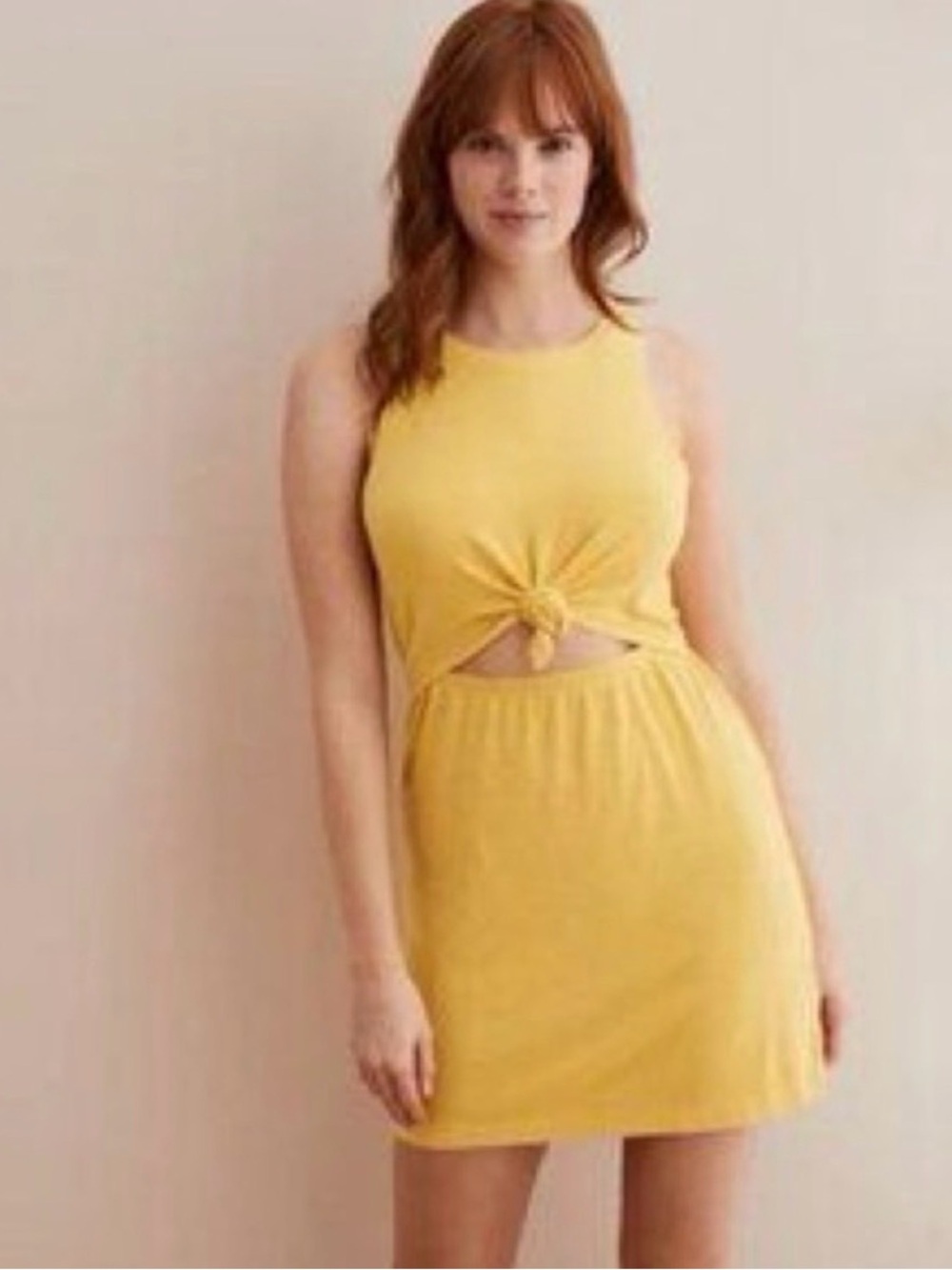 Aerie Knot Front Sleeveless Dress Yellow/Mustard Color Ribbed Size Medium